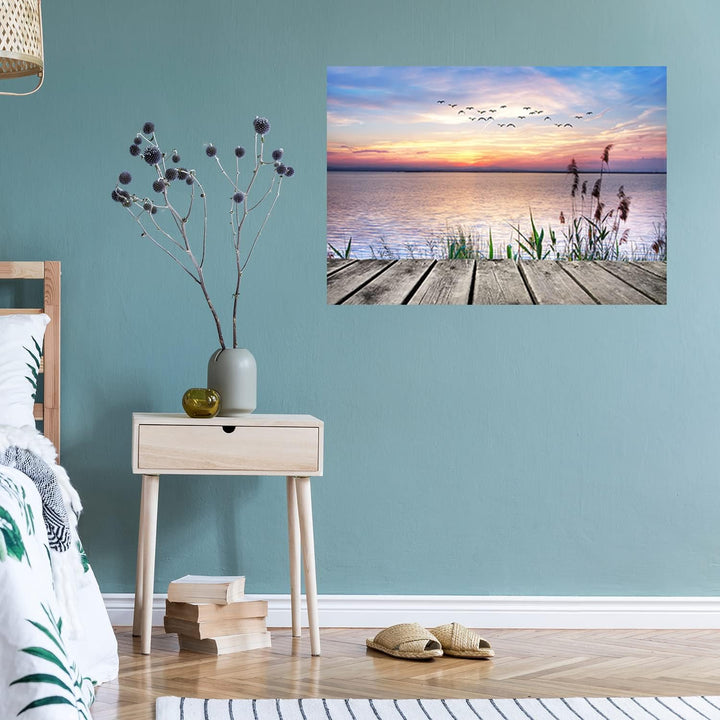 Feeby Vlies Leinwandbild See Sonnenuntergang Holzsteg Strand 90x60 cm Druckbild Wandbild Wanddekorat