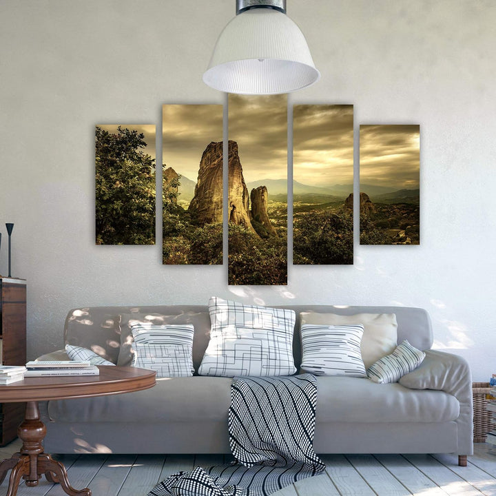 Feeby Leinwandbild 5 Teilig Landschaft Bild Wanddeko Berge Bäume Himmel bunt 150x100 cm Leinwandbild