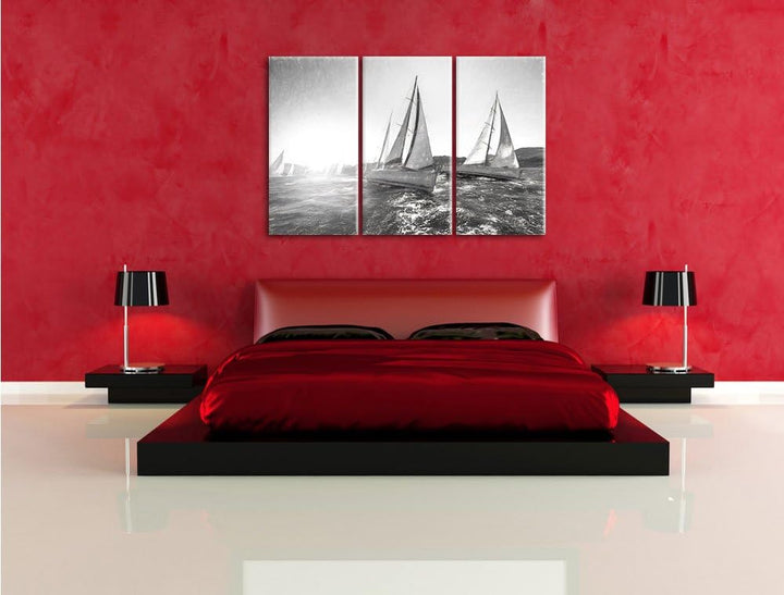 Pixxprint Luxusyachten bei Segelregatta Kunst Kohle Effekt 3-Teiler Leinwandbild 120x80 Bild auf Lei
