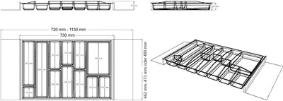 LANA solution 90er - 120er Schublade - Universal Besteckeinsatz – Tiefe wählbar (Silber, 480 mm Schu