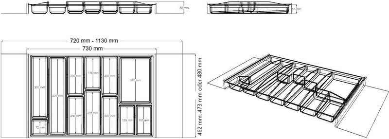 LANA solution 90er - 120er Schublade - Universal Besteckeinsatz – Tiefe wählbar (Silber, 480 mm Schu