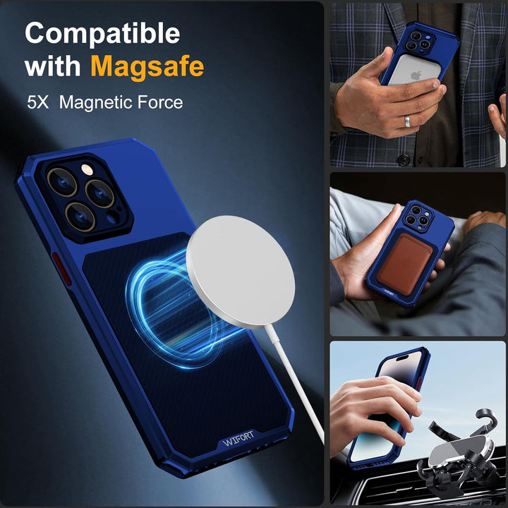 WIFORT Magnetisch Metall Hülle für iPhone 14 Pro Kompatibel mit MagSafe, mit 2 Stück Schutzglas, Mil