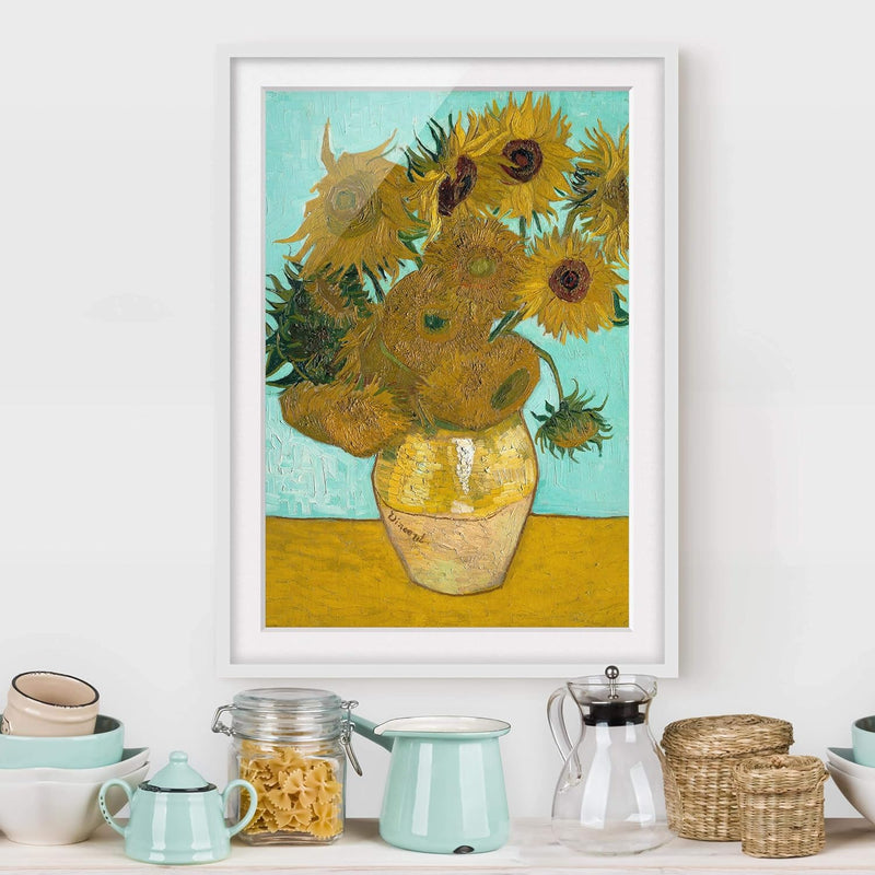 Bild mit Rahmen - Vincent Van Gogh - Vase mit Sonnenblumen - Weiss, 70 x 50 cm 70cm x 50cm Weiss, 70