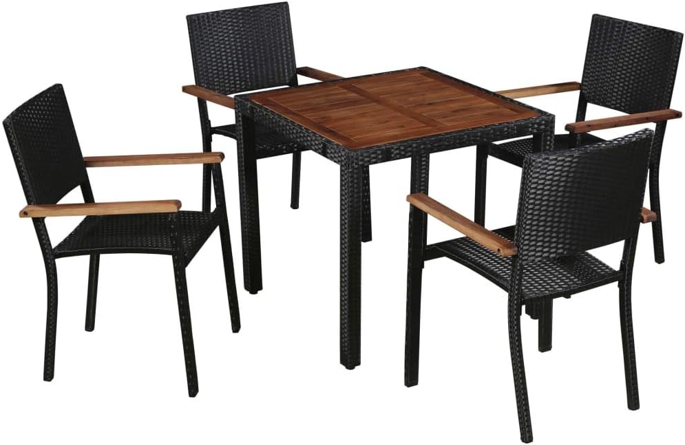 Tidyard Garten-Essgruppe 5-TLG. inkl 1 Vintage-Esstisch + 4 Stühle, aus Polyrattan und Massives Akaz