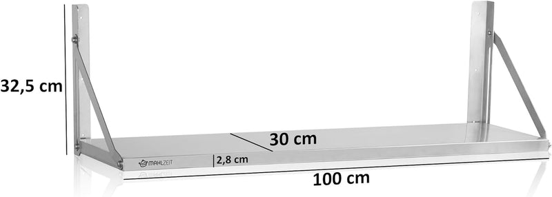 Mahlzeit Edelstahl Wandregal | 100 x 30 cm | Hängeregal, Klappbar | Silber | Ablage Edelstahl Regal
