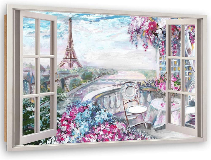 Wandbild XXL Paris Deko Kunst Bilder Fenster-Illusion Rosa 120x80 cm Deko Paneel 120x80 cm Rosa_b, D