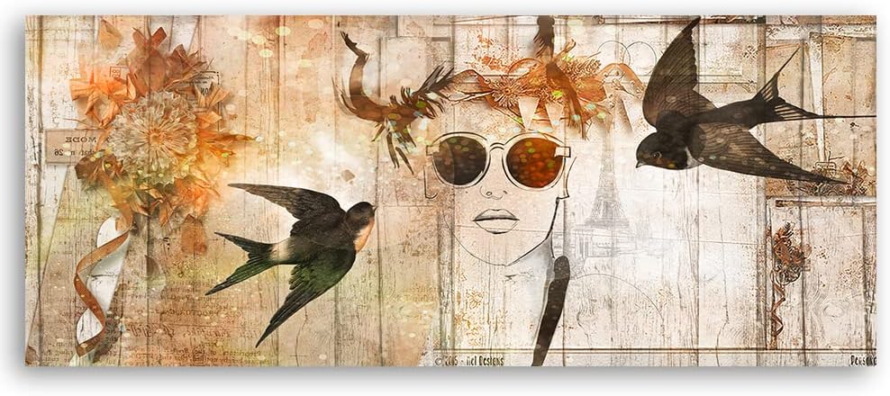 Feeby Bild auf Vlies Leinwand Vögel Sonnenbrille Frau Abstraktion 120x40 cm Kunstdruck Modern Wandbi