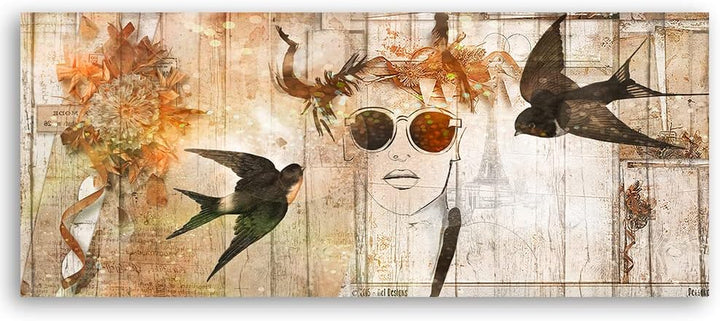 Feeby Bild auf Vlies Leinwand Vögel Sonnenbrille Frau Abstraktion 120x40 cm Kunstdruck Modern Wandbi