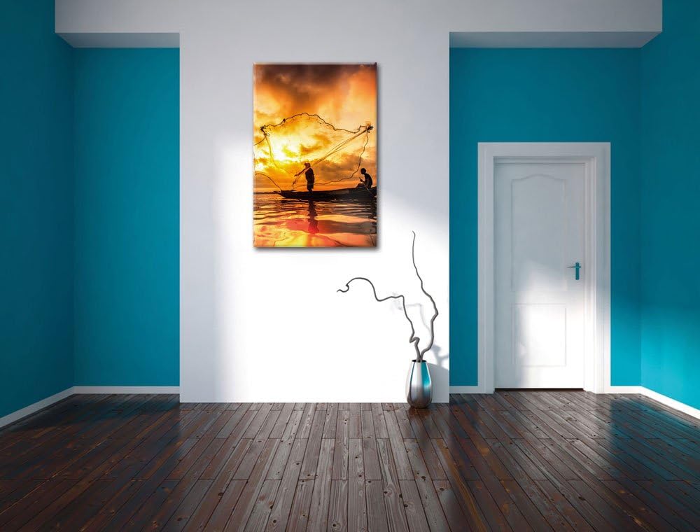 See mit Anglern, Format: 100x70 auf Leinwand, XXL riesige Bilder fertig gerahmt mit Keilrahmen, Kuns