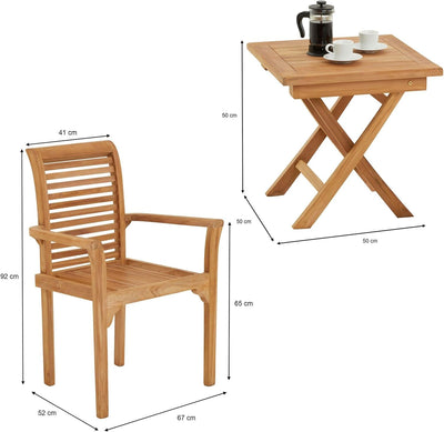 CARO-Möbel Gartenmöbelset Puerto aus Teak mit klappbarem Tisch und 2 Stühlen, Balkonset 3er Set, 2 S