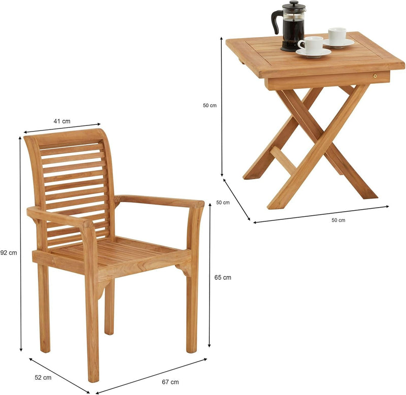 CARO-Möbel Gartenmöbelset Puerto aus Teak mit klappbarem Tisch und 2 Stühlen, Balkonset 3er Set, 2 S