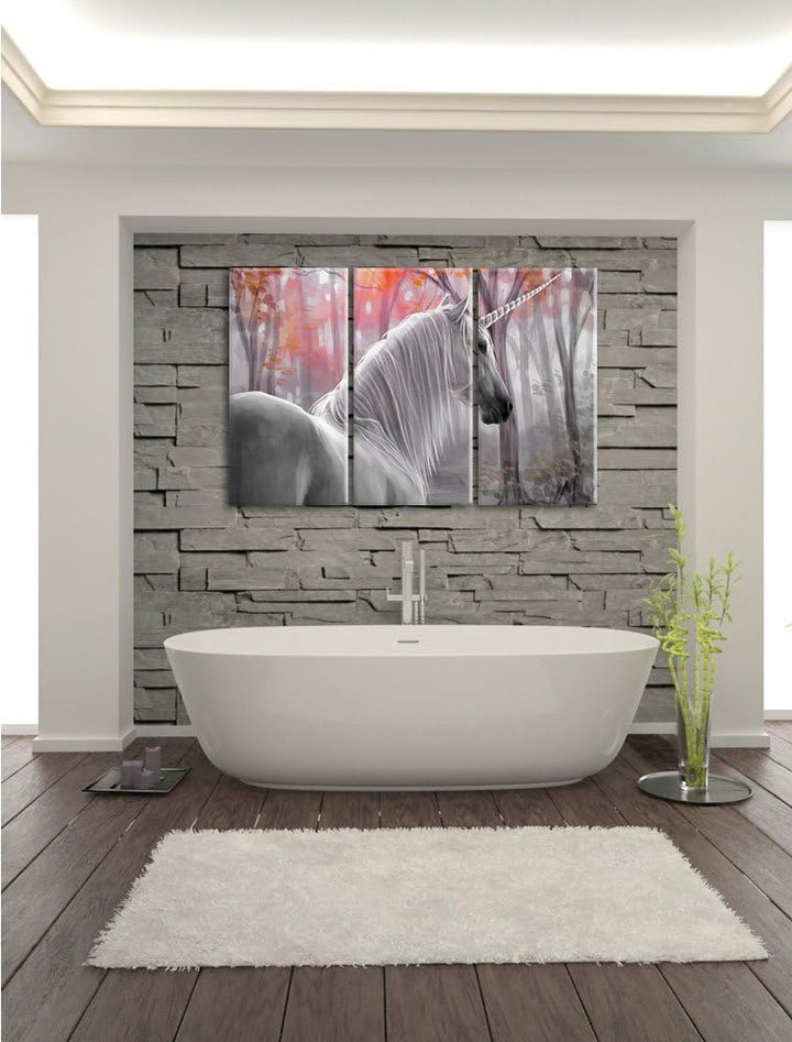 Pixxprint Einsames Einhorn im Wald als Leinwandbild/Grösse: 3 Teilig (120x80 cm) cm/Wandbild/Kunstdr