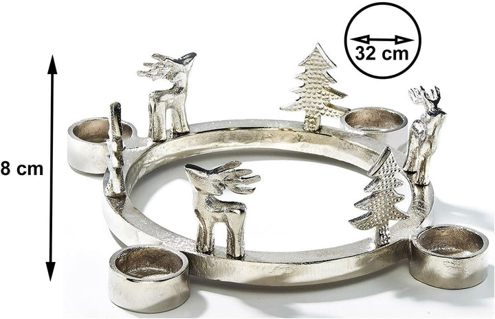 Kobolo Kerzenhalter Teelichthalter -Rentiere+Tannen- Metall - rund - Silber - 32x8 cm Silber 32 x 8