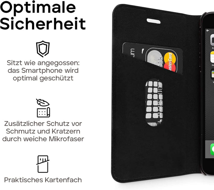 WIIUKA Lederhülle Hülle für iPhone SE (2022/2020) / iPhone 8/7, extra Dünn, Kartenfach, Tasche Schwa