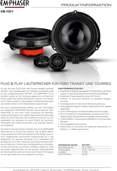 EMPHASER EM-FDF1 – Lautsprecher Set kompatibel mit Ford Transit, Transit Custom und plattformverwand