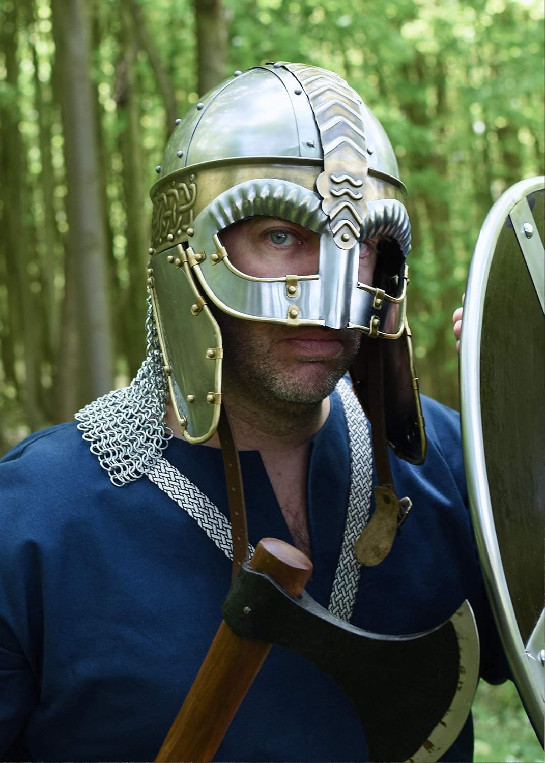 Battle-Merchant Brillenhelm Beowulf mit Wangenklappen und Kettenbrünne mit verstellbarem Lederinlay