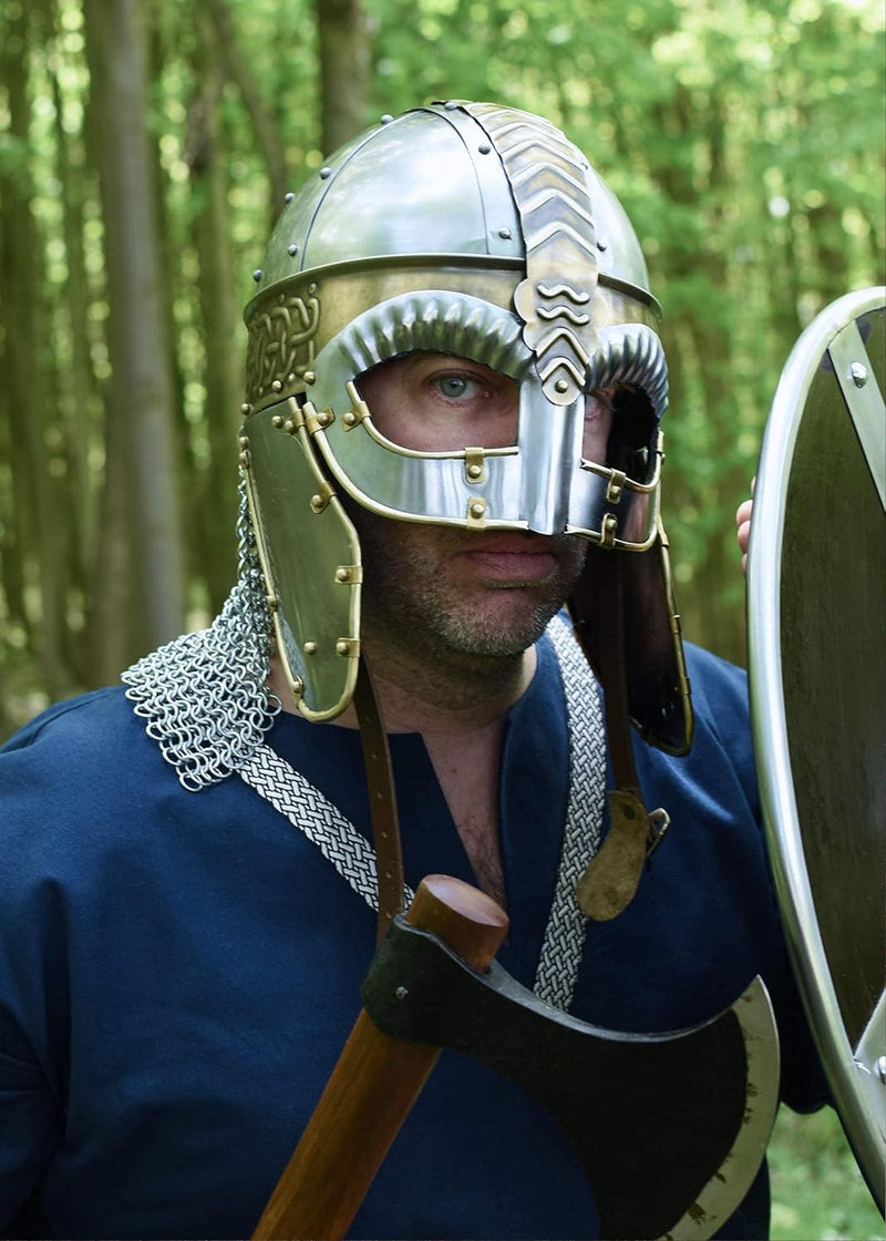 Battle-Merchant Brillenhelm Beowulf mit Wangenklappen und Kettenbrünne mit verstellbarem Lederinlay
