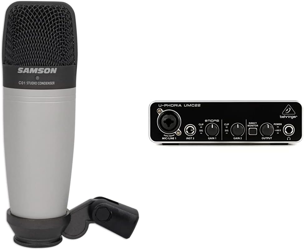 Samson C01 Studiomikrofon & Behringer U-PHORIA UMC22 Audiophiles 2x2 USB Audio Interface mit Midas M