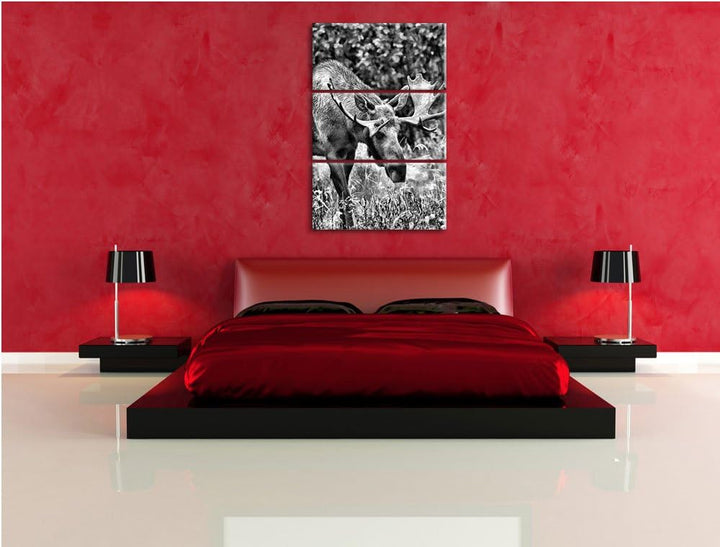 Pixxprint Monocrome, Grosser Elch 3-Teiler Leinwandbild 120x80 Bild auf Leinwand