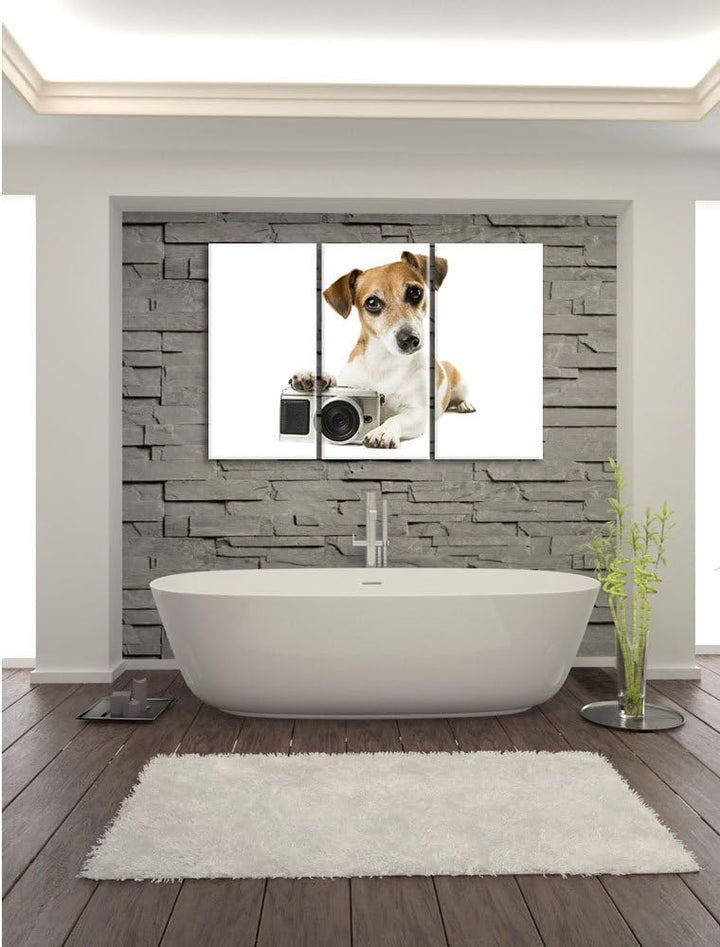 Pixxprint Niedlicher Hundewelpe mit Kamera 3-Teiler Leinwandbild 120x80 Bild auf Leinwand, riesige B