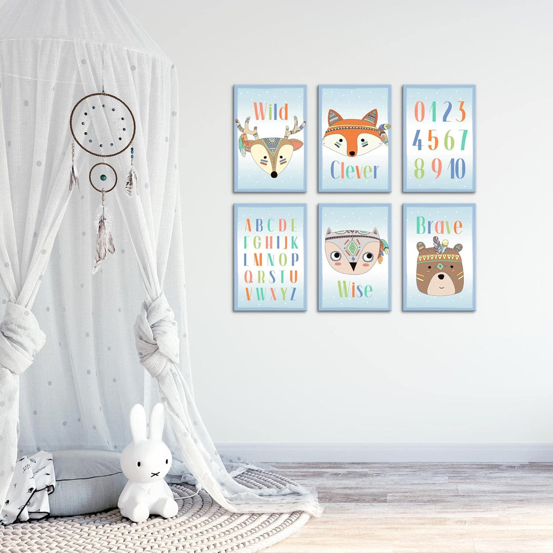 Novart Wandbilder Set - KOMPLETT AUFHÄNGFERTIG - Made in Germany - Moderne Bilder Indianer Tiere Kin