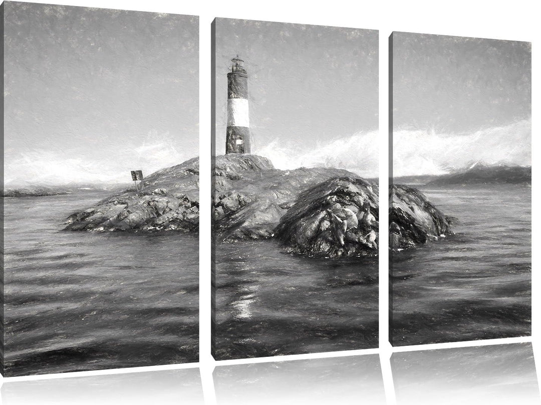 Pixxprint Leuchtturm mit Robben als Leinwandbild/Grösse: 3 Teilig (120x80) cm/Wandbild/Kunstdruck/fe
