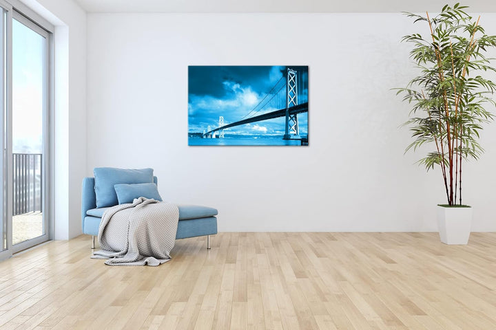 deyoli Hängebrücke im Kalifornien Format 80x60 Effekt: Monocrome Blau als Leinwandbild, Motiv fertig