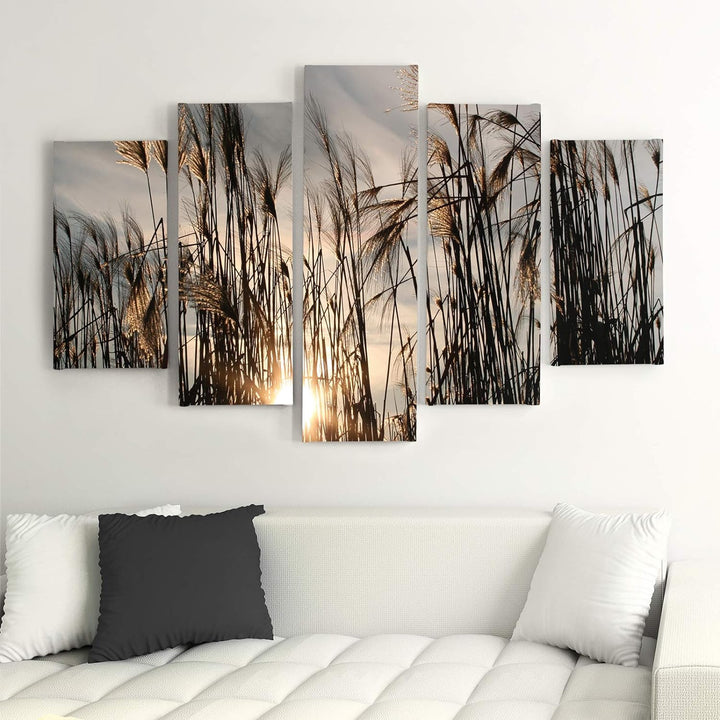 Feeby Wandbild Natur 200x100 cm Deco Panel 5 Teilig XXL Kunstdruck Gras Sonne braun Deco Panel XXL 2