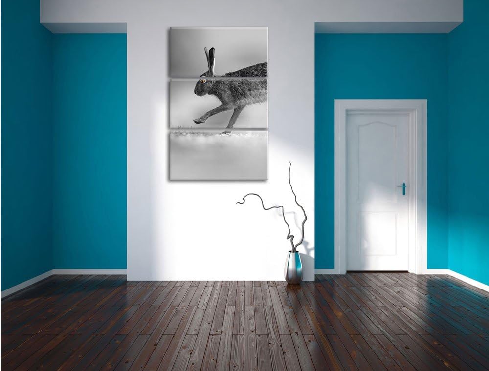 Pixxprint Springender Feldhase schwarz/weiss / 3-Teilig/Gesamtmass 120cm Leinwandbild bespannt auf H