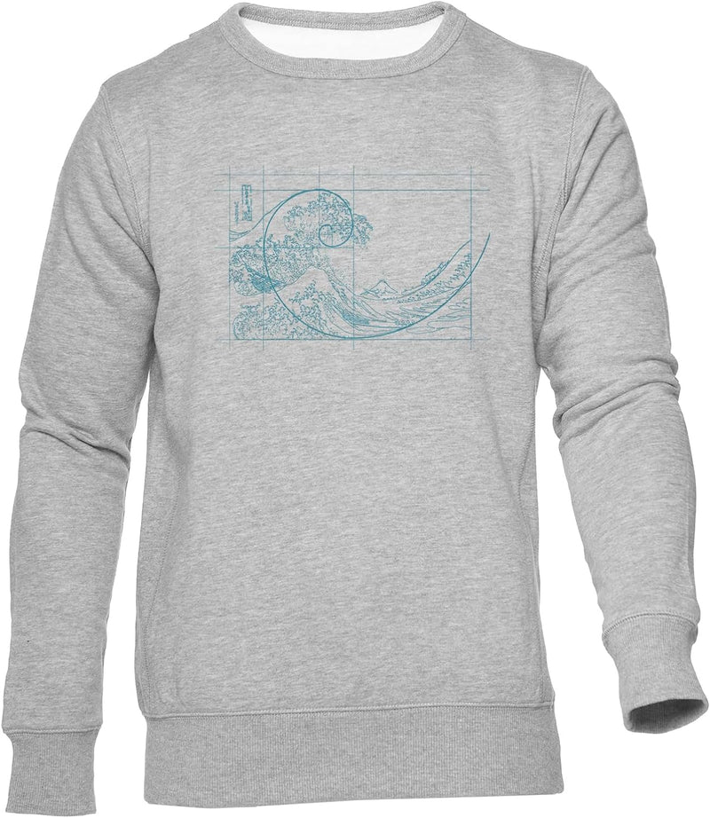 Hokusai Meets Fibonacci, Linear, Blue Unisex Jumper Herren Dammen Grau Rundhals Lange Ärmel Sweatshi