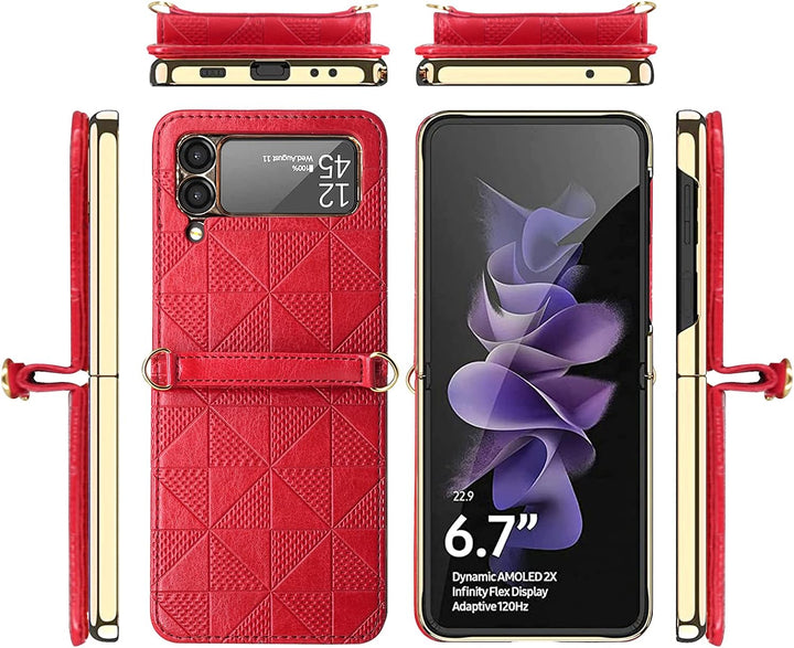 Hülle für Galaxy Z Flip 3 5G,Ultradünne Stossfeste Leder-Handyhülle mit Schultergurt kompatibel mit