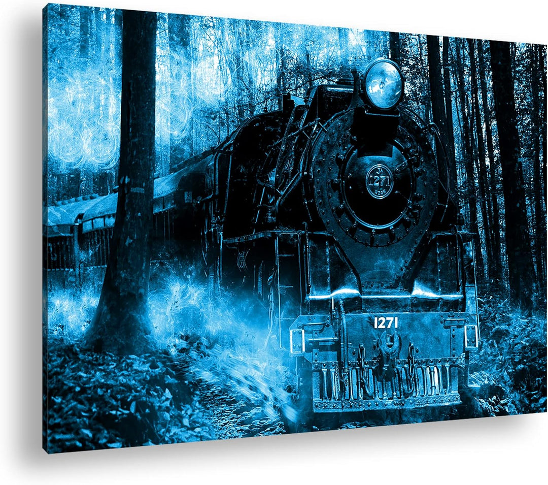 deyoli gewaltige Lokomotive im Wald Format 80x60 Effekt: Monocrome Blau als Leinwandbild, Motiv fert
