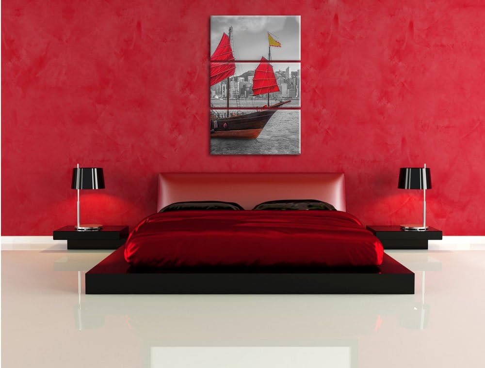 Pixxprint Segelschiff mit roten Segeln als Leinwandbild/Grösse: 3 Teilig (120x80 cm) cm/Wandbild/Kun
