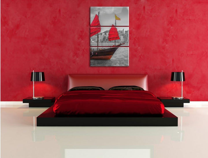 Pixxprint Segelschiff mit roten Segeln als Leinwandbild/Grösse: 3 Teilig (120x80 cm) cm/Wandbild/Kun