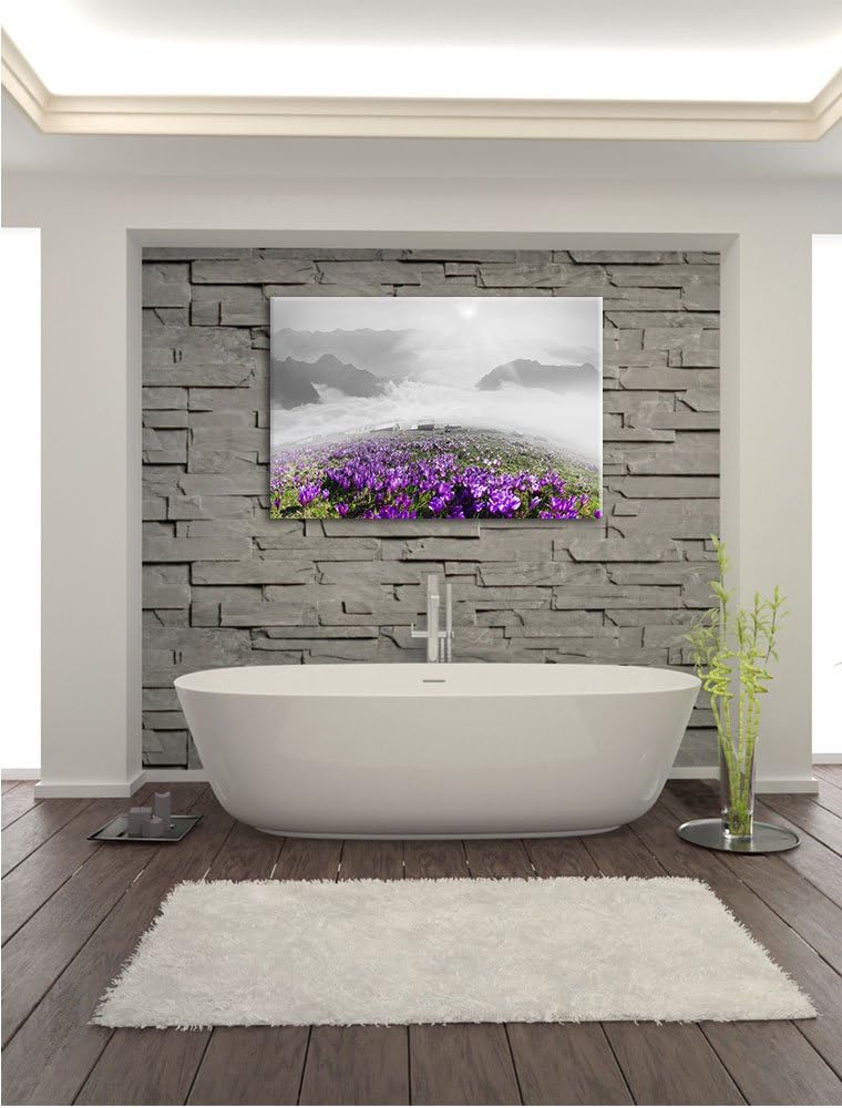 Pixxprint Blühende lilane Krokusse mit Aussicht auf die Berge B&W Detail, Format: 100x70 auf Leinwan