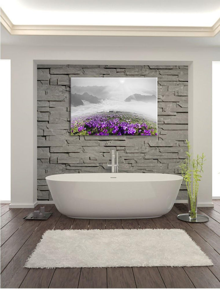 Pixxprint Blühende lilane Krokusse mit Aussicht auf die Berge B&W Detail, Format: 100x70 auf Leinwan