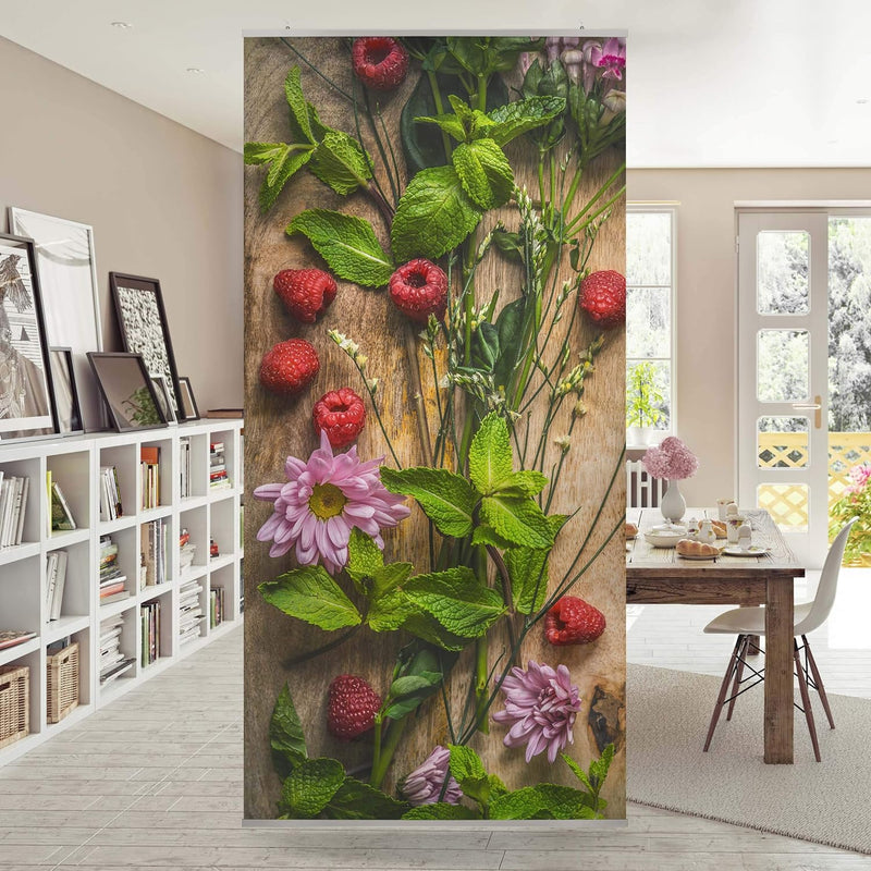 Raumteiler Blumen Himbeeren Minze 250x120cm inkl. transparenter Halterung, inkl. transparenter Halte