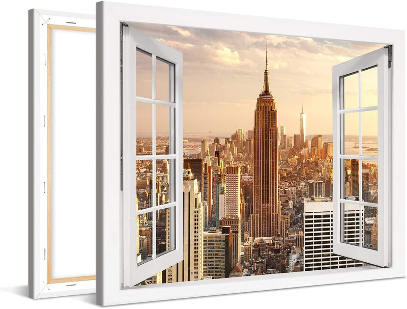 PICANOVA – Bild auf Leinwand Manhattan Empire State Building Fenster 100x75cm – Leinwandbild – Premi