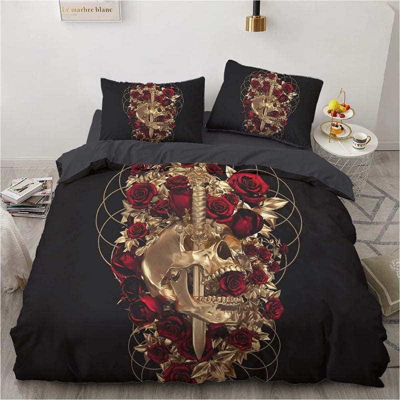 Luowei Bettwäsche Skull 135x200cm Schwarz Gold Schädel Rosen Bettbezug Set 2 Teilig Weiche Microfase