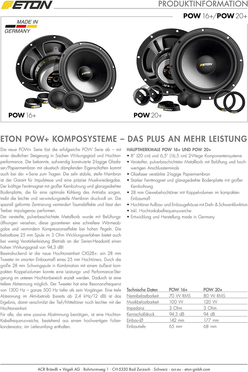 ETON POW 16+ – 16,5 cm / 6,5 Zoll 2-Wege Komponenten System, Auto Lautsprecher Made in Germany, 100