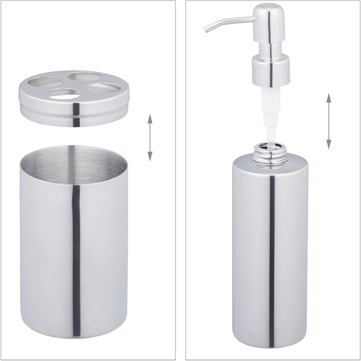 Relaxdays Badezimmer Set, 4-teilig, Badaccessoires Edelstahl poliert, komplette Badezimmerausstattun