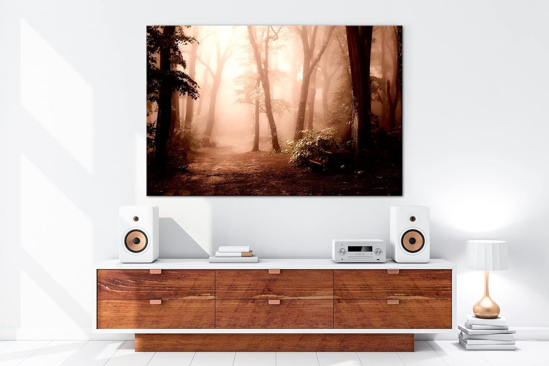 deyoli neblischer Waldweg Format: 80x60 als Leinwand, Motiv fertig gerahmt auf Echtholzrahmen, Hochw