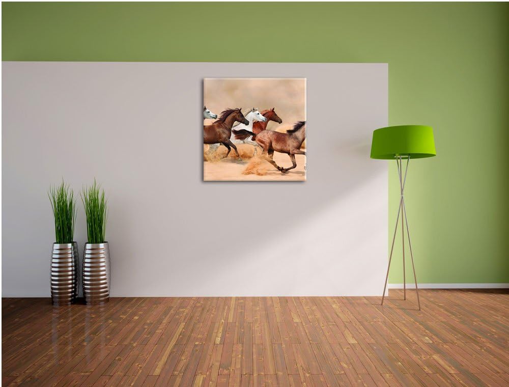 Western Pferde in Wüste, Format: 70x70 auf Leinwand, XXL riesige Bilder fertig gerahmt mit Keilrahme