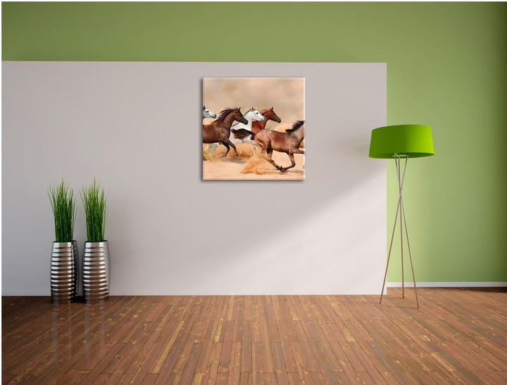Western Pferde in Wüste, Format: 70x70 auf Leinwand, XXL riesige Bilder fertig gerahmt mit Keilrahme