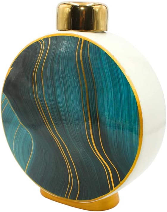 Hochwertige runde Keramik Vase mit goldenem Deckel, veschiedenen Blautönen und goldenen Akzenten, Gr