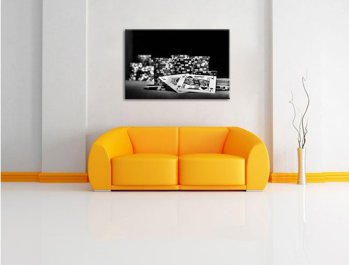 Pixxprint Monocrome, Pokertisch mit Karten in Las Vegas, Format: 100x70 auf Leinwand, 100x70