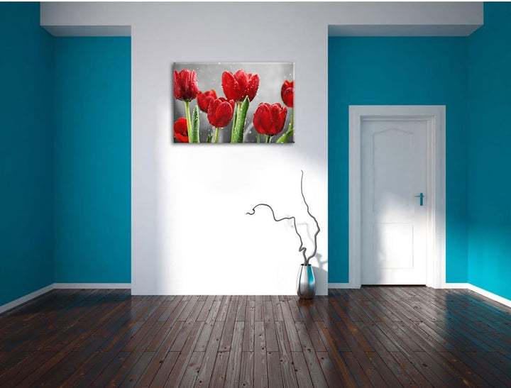 Pixxprint Rote Tulpen mit Tropfen bedeckt als Leinwandbild/Grösse: 100x70 cm/Wandbild/Kunstdruck/fer