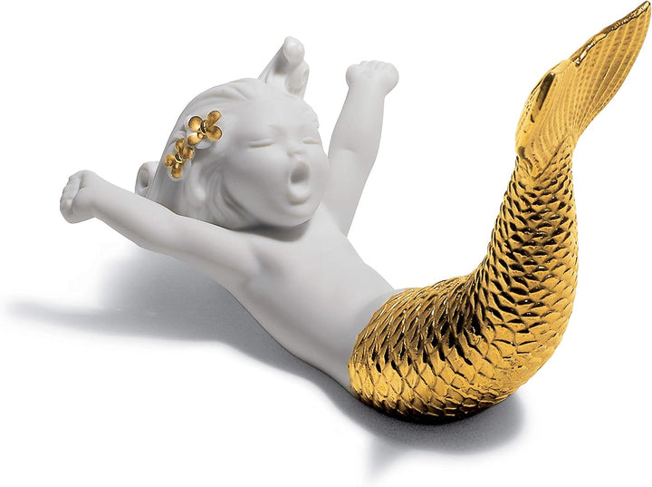 LLADRÓ Meerjungfrau-Figur Erwachen Am Meer. Gold. Meerjungfrau. Porzellan.