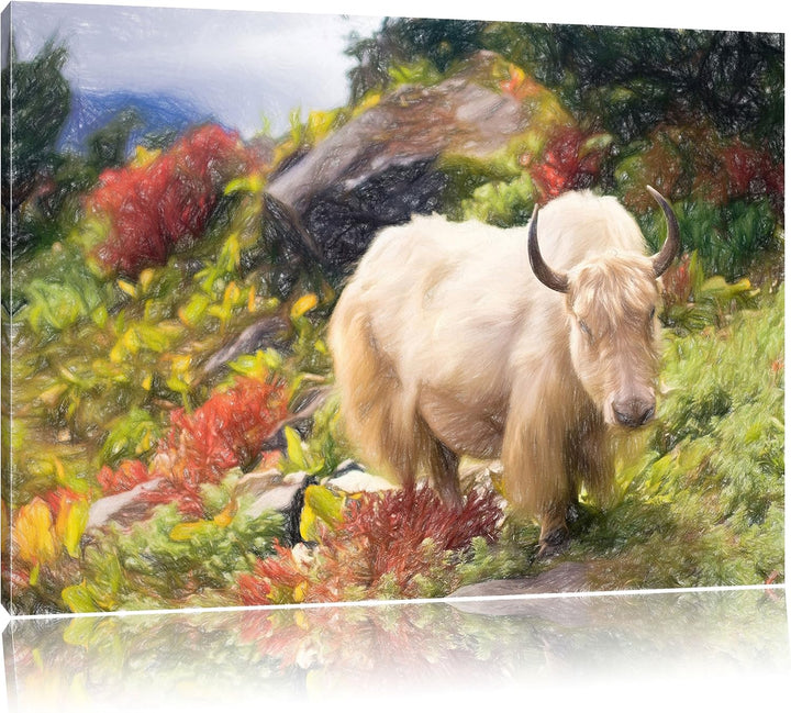 Pixxprint Schönes Yak Himalaya Kunst Buntstift Effekt, Format: 100x70 auf Leinwand, riesige Bilder f