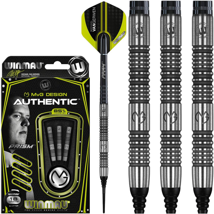WINMAU Michael Van Gerwen MvG Authentic 22g Profi Wolfram Softip Dartpfeile Set mit Flights und Schä